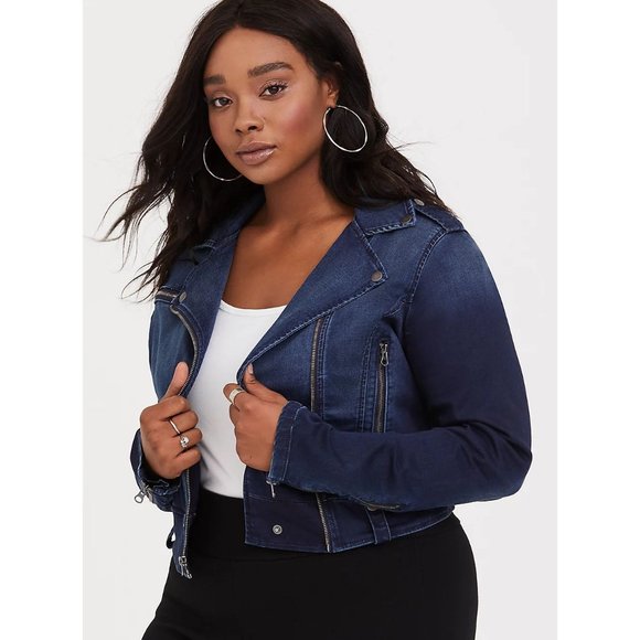 torrid Jackets & Blazers - TORRID Dark Wash Indigo Stretch Denim Moto Jean Jacket sz 3X Womens Plus Trucker